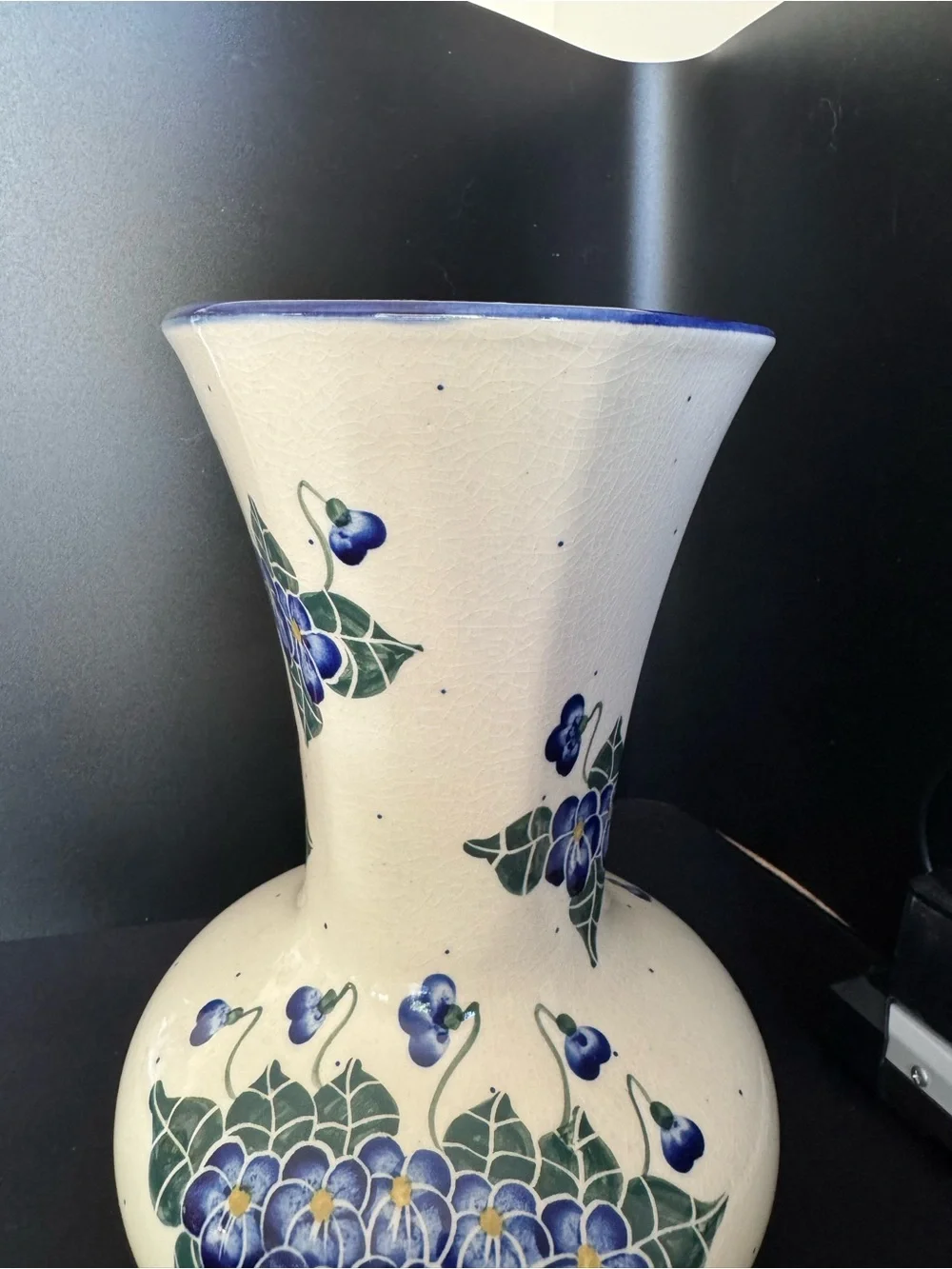 W R Unikat Polish Pottery Vase Blue Flowers and Greenery Crazing